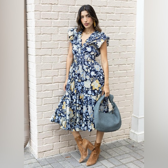 Elan 100% Cotton Emma Tiered Floral Navy Midi Dress SMALL Cottagecore Feminine - Picture 5 of 10